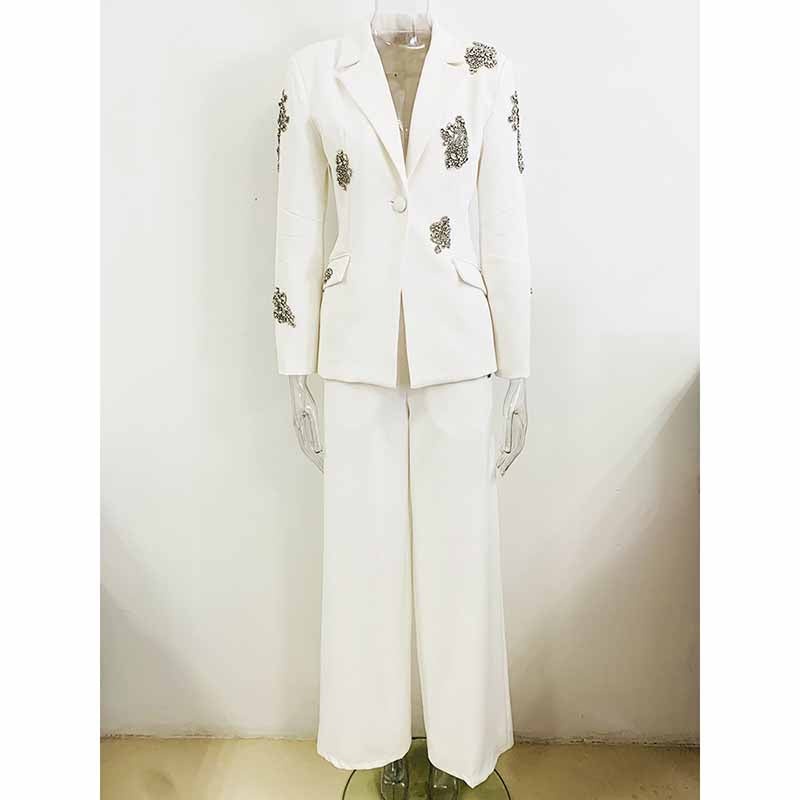 Women's White Beaded Blazer Suit Two Pieces Wide-Leg Wedding Pantsuit