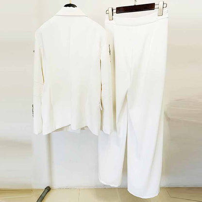 Women's White Beaded Blazer Suit Two Pieces Wide-Leg Wedding Pantsuit