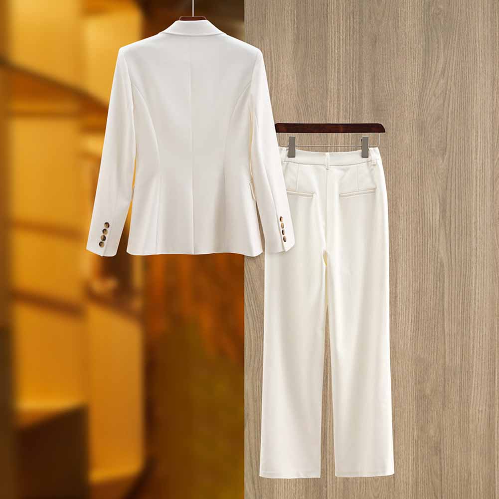 One Button White Pantsuit Fitted Blazer + Mid-High Rise Trousers Pantsuit Suit Formal Wear