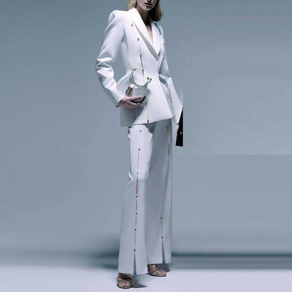 Womens White 2 Pieces Outfit Formal Wide-Legs Pantsuit Wedding Suit