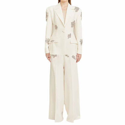 Women's White Beaded Blazer Suit Two Pieces Wide-Leg Wedding Pantsuit