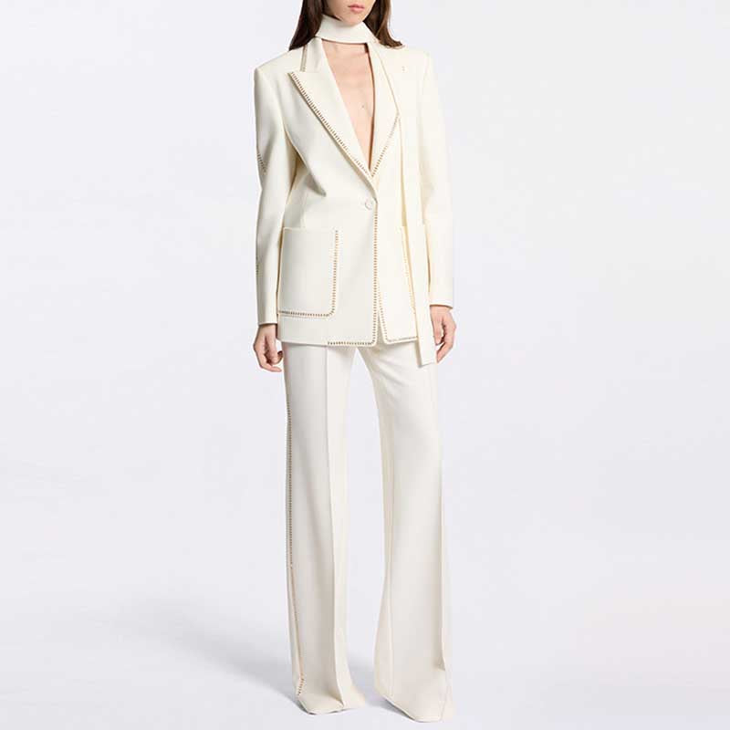 Women's Scarf-Detailed Pantsuit White One Button Blazer Suit