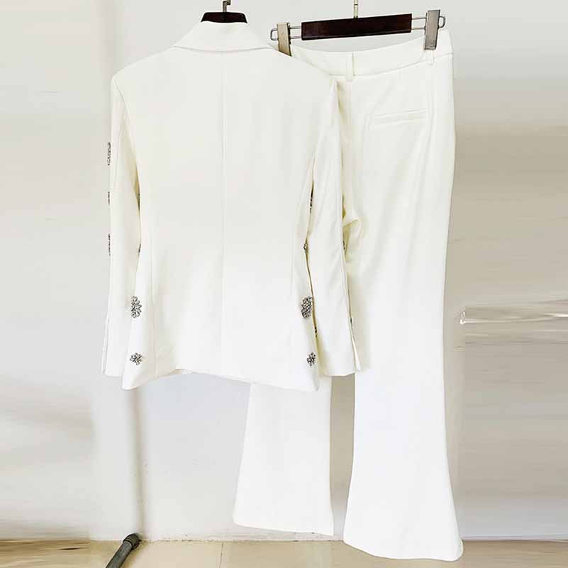 Women's Crystal Embellished Flared Pantsuit White Formal Suit Wedding Outfit