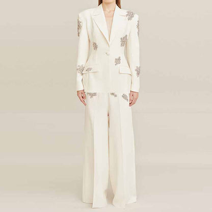 Women's White Beaded Blazer Suit Two Pieces Wide-Leg Wedding Pantsuit