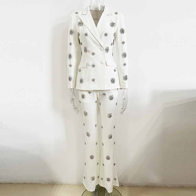 Women's Crystal Embellished Flared Pantsuit White Formal Suit Wedding Outfit