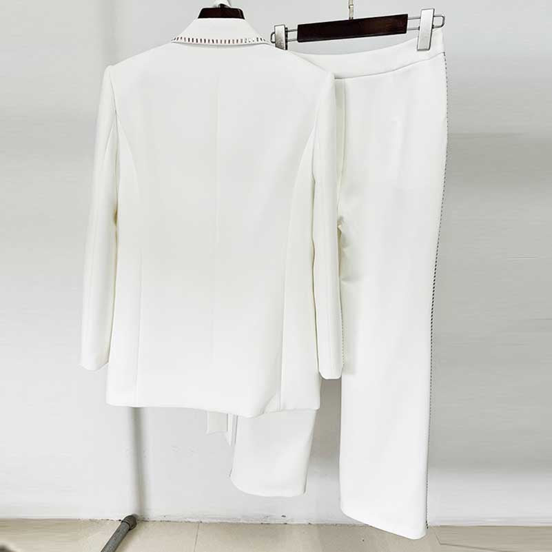 Women's Scarf-Detailed Pantsuit White One Button Blazer Suit