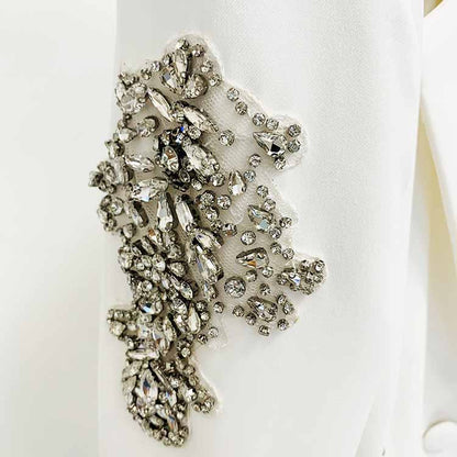Women's White Beaded Blazer Suit Two Pieces Wide-Leg Wedding Pantsuit