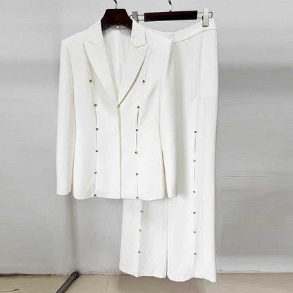 Womens White 2 Pieces Outfit Formal Wide-Legs Pantsuit Wedding Suit