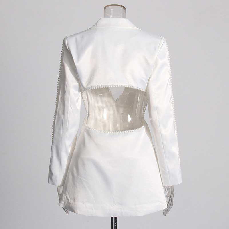 Long Sleeve Pearl Silk Suit White Hollow Tight Trousers Two-Piece Set