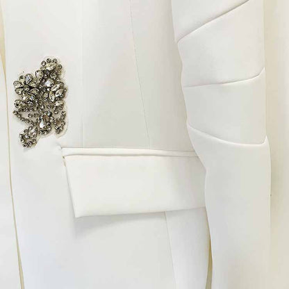 Women's White Beaded Blazer Suit Two Pieces Wide-Leg Wedding Pantsuit