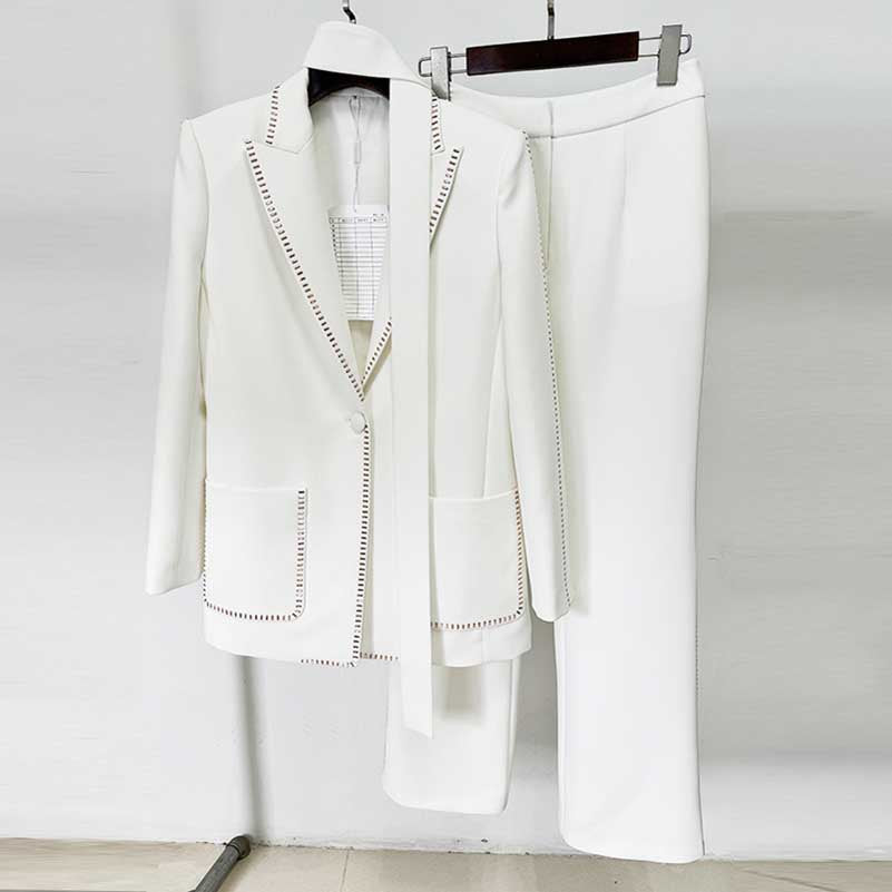 Women's Scarf-Detailed Pantsuit White One Button Blazer Suit