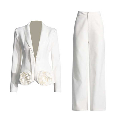 White Rose-applique Blazer Pants Suit Wedding Suit