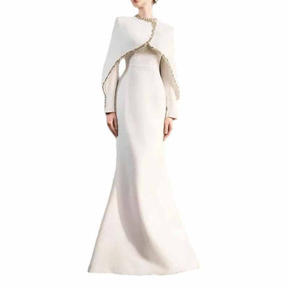 Crystal Embellished Cape Maxi Dress – Crossover Chest Flap Formal Gown