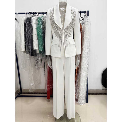 Women's White Embroidered Blazer and Wide Leg Pants Set - Elegant Formal Suit
