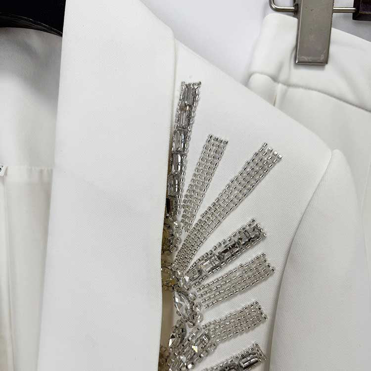 Women's White Embroidered Blazer and Wide Leg Pants Set - Elegant Formal Suit