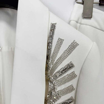 Women's White Embroidered Blazer and Wide Leg Pants Set - Elegant Formal Suit