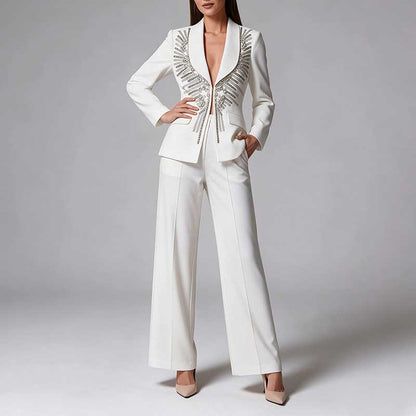 Women's White Embroidered Blazer and Wide Leg Pants Set - Elegant Formal Suit