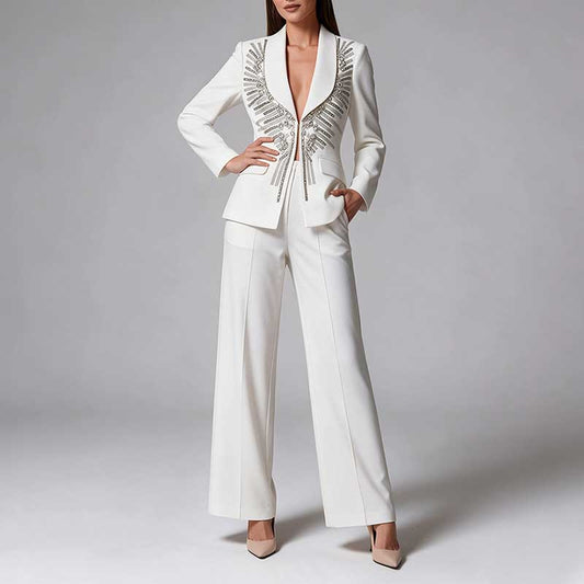 Women's White Embroidered Blazer and Wide Leg Pants Set - Elegant Formal Suit