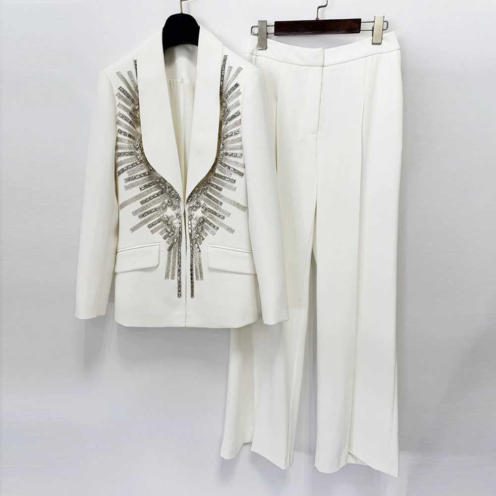 Women's White Embroidered Blazer and Wide Leg Pants Set - Elegant Formal Suit