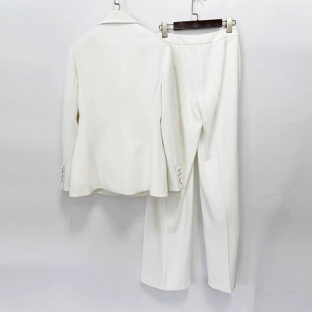 Women's White Embroidered Blazer and Wide Leg Pants Set - Elegant Formal Suit