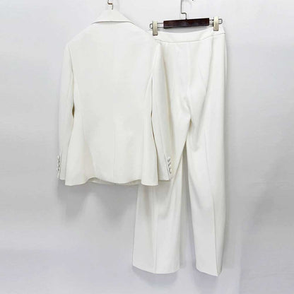 Women's White Embroidered Blazer and Wide Leg Pants Set - Elegant Formal Suit