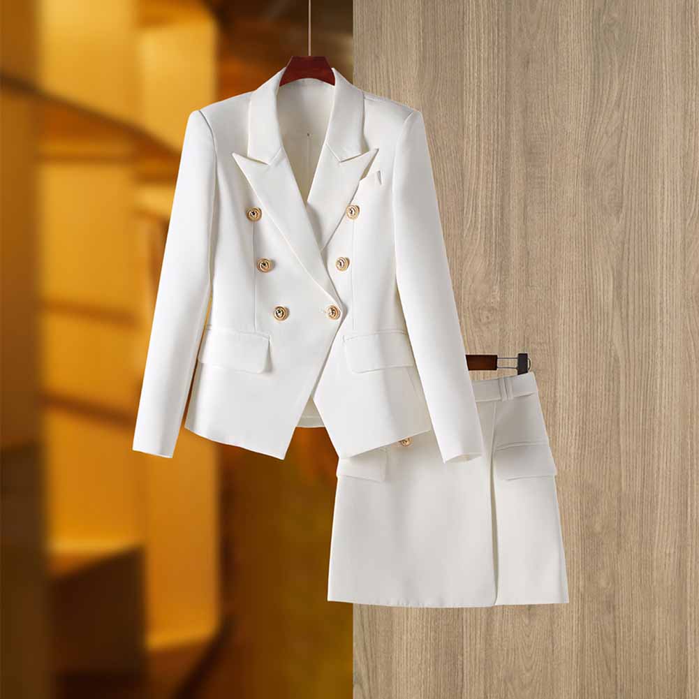 Women's Golden Lion Buttons White Skirts Blazer Suit Jacket + High Waist Skirts Belt Suit
