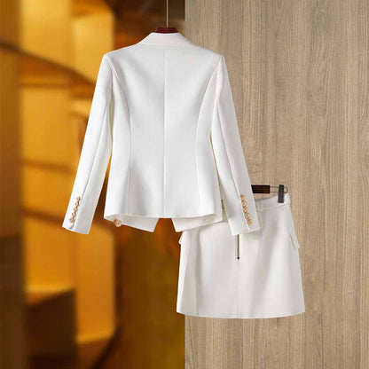 Women's Golden Lion Buttons White Skirts Blazer Suit Jacket + High Waist Skirts Belt Suit