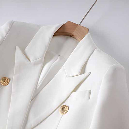 Women's Golden Lion Buttons White Skirts Blazer Suit Jacket + High Waist Skirts Belt Suit