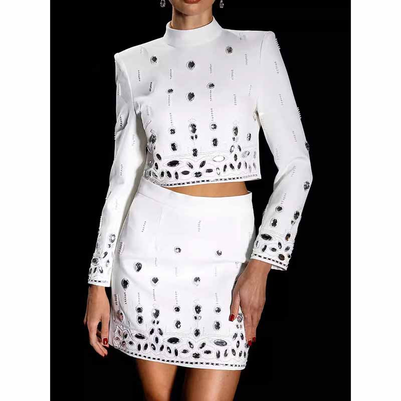 Women's Skirt Suit Fitted Beaded Short Crop Top + Mini Skirt Suit