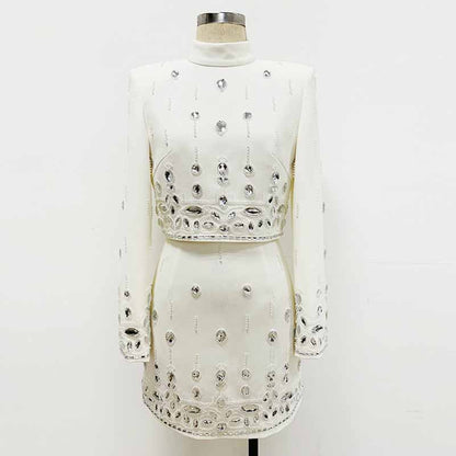 Women's Skirt Suit Fitted Beaded Short Crop Top + Mini Skirt Suit