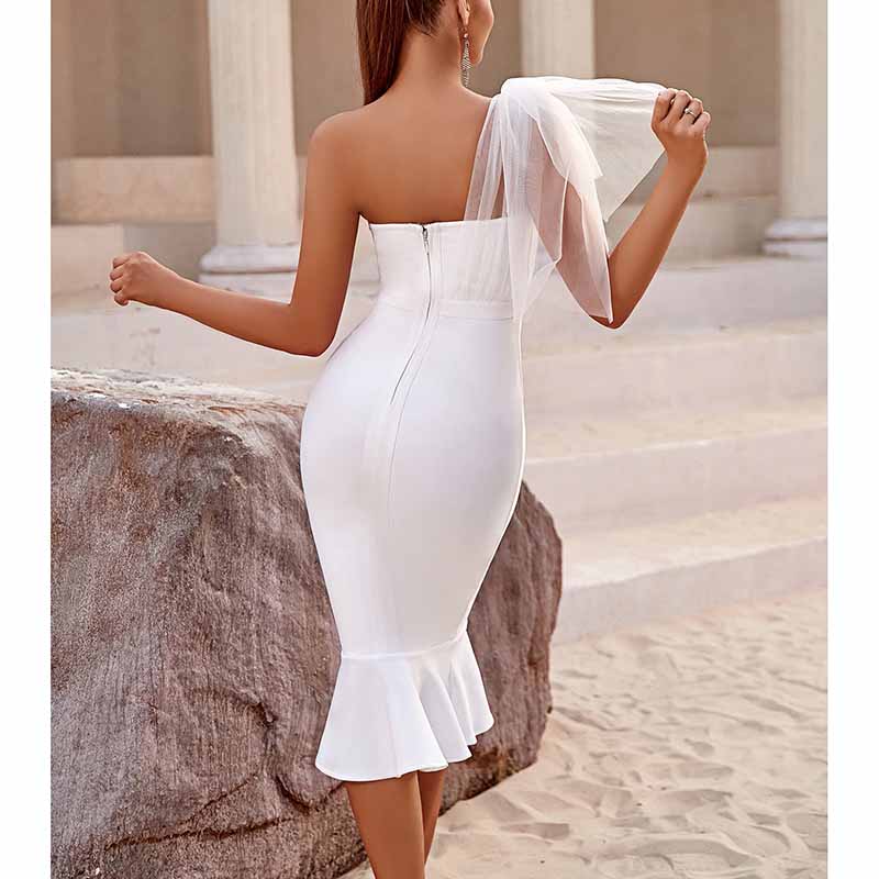 Women White One Shoulder Knitted Bodycon Party dress