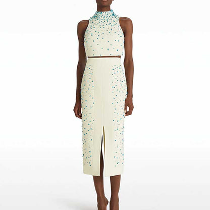 Womens Midi Skirt Suit Halter Neck Formal Event Suit High Waist Wedding Suit