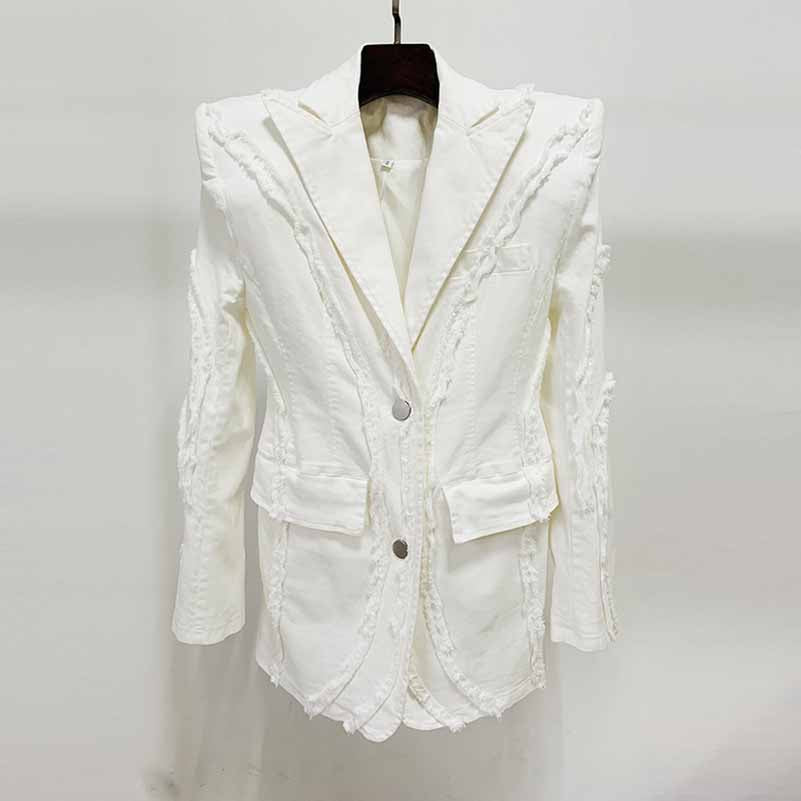 Women White Denim Pantsuits Thickened Shoulder Pad with Tassels Jacket, Jeans Suit