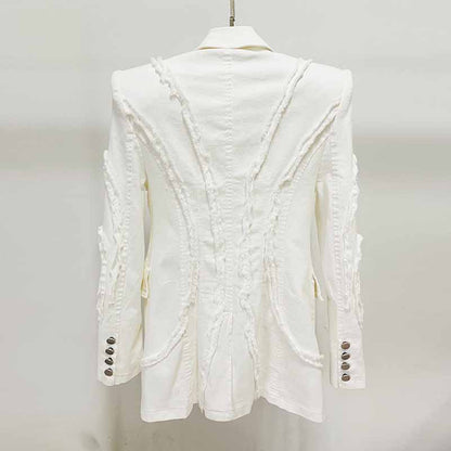 Women White Denim Pantsuits Thickened Shoulder Pad with Tassels Jacket, Jeans Suit