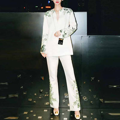Women Beaded Formal Suit Mid Length Blouse + Flare Trousers Suit Pants Suit White
