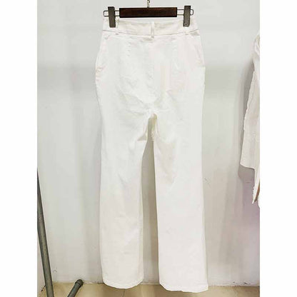 Women White Denim Pantsuits Thickened Shoulder Pad with Tassels Jacket, Jeans Suit