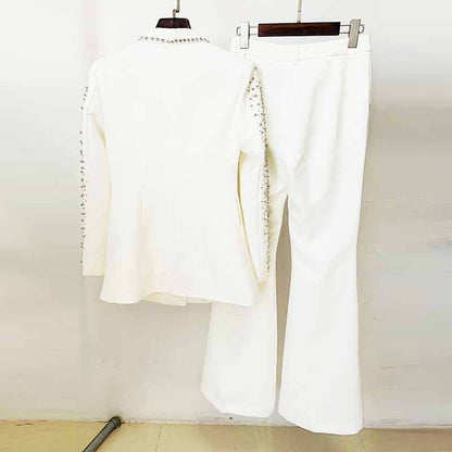 Women Luxury Wedding Suit Nail bead Blazer + Mid-High Rise Flare Trousers Suit Pants Suit
