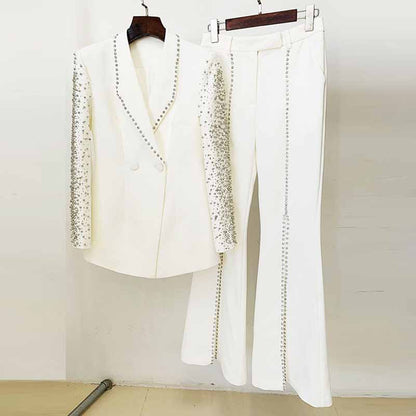 Women Luxury Wedding Suit Nail bead Blazer + Mid-High Rise Flare Trousers Suit Pants Suit