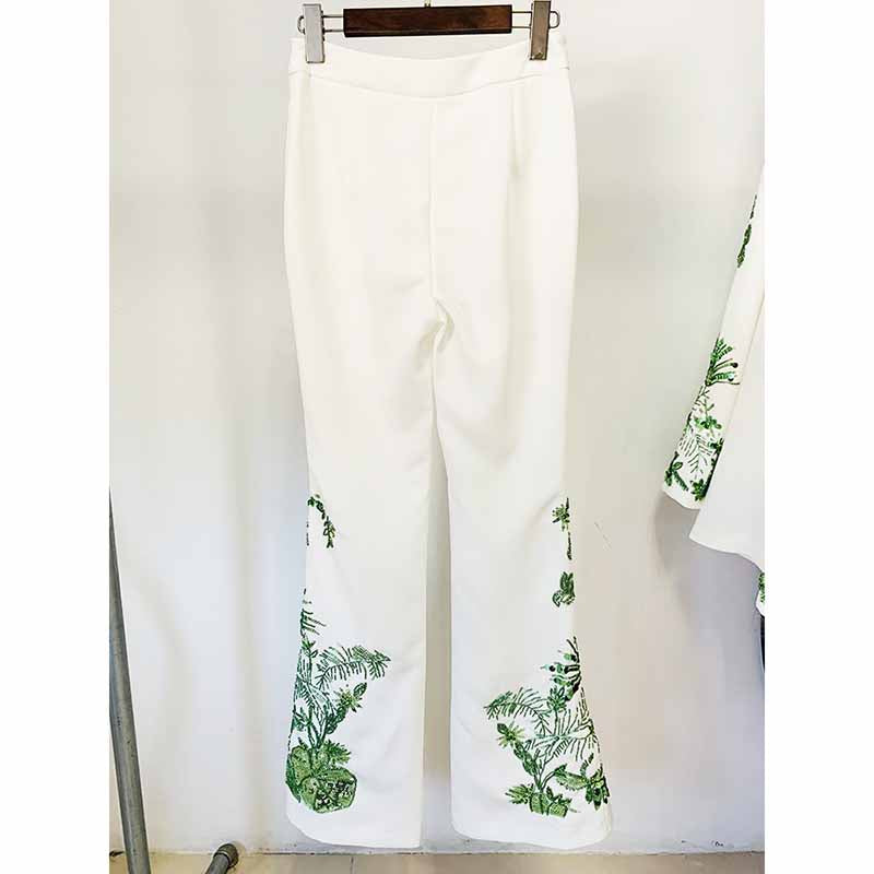 Women Beaded Formal Suit Mid Length Blouse + Flare Trousers Suit Pants Suit White