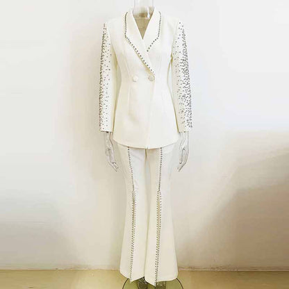Women Luxury Wedding Suit Nail bead Blazer + Mid-High Rise Flare Trousers Suit Pants Suit