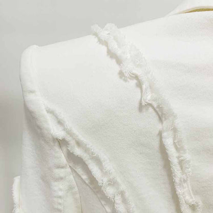 Women White Denim Pantsuits Thickened Shoulder Pad with Tassels Jacket, Jeans Suit