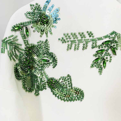 Women Beaded Formal Suit Mid Length Blouse + Flare Trousers Suit Pants Suit White