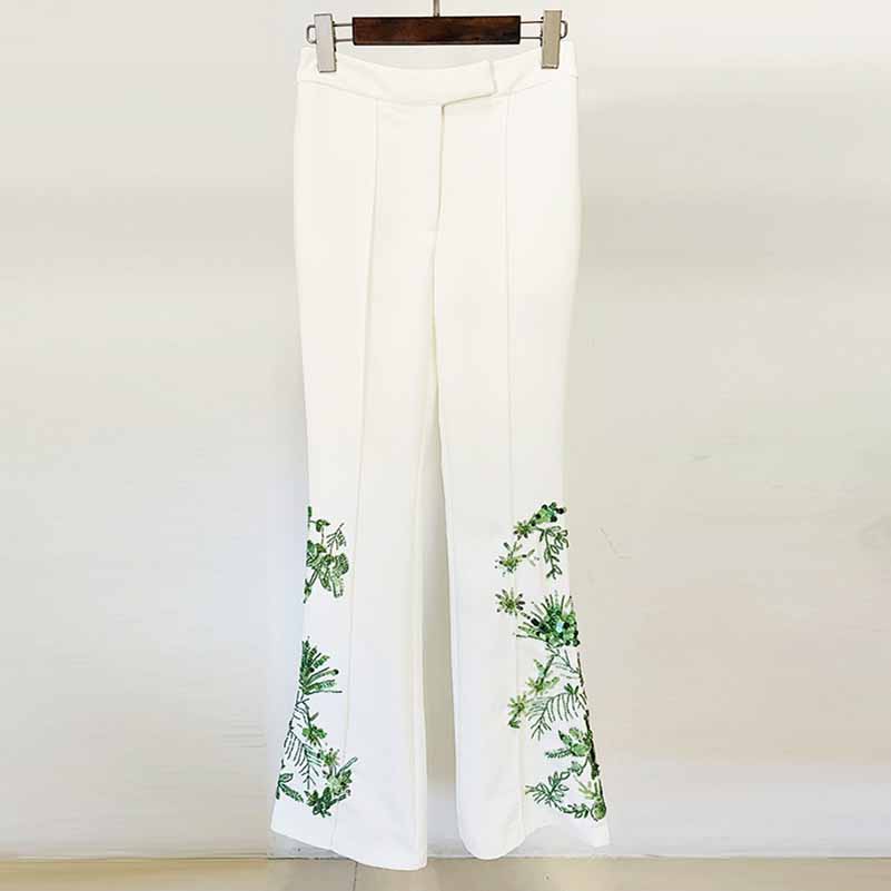 Women Beaded Formal Suit Mid Length Blouse + Flare Trousers Suit Pants Suit White