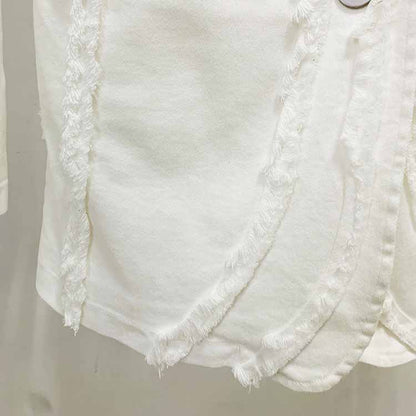 Women White Denim Pantsuits Thickened Shoulder Pad with Tassels Jacket, Jeans Suit