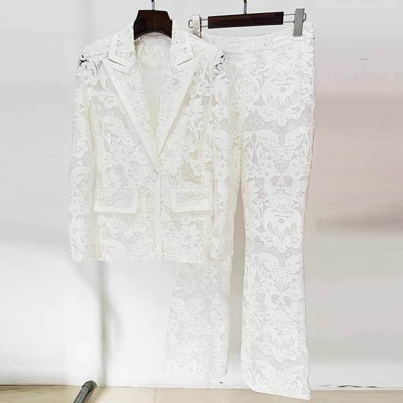 Women Luxury Sequinned Mesh Lace Blazer Jacket + Flare Trousers Pants Suit Wedding Suit