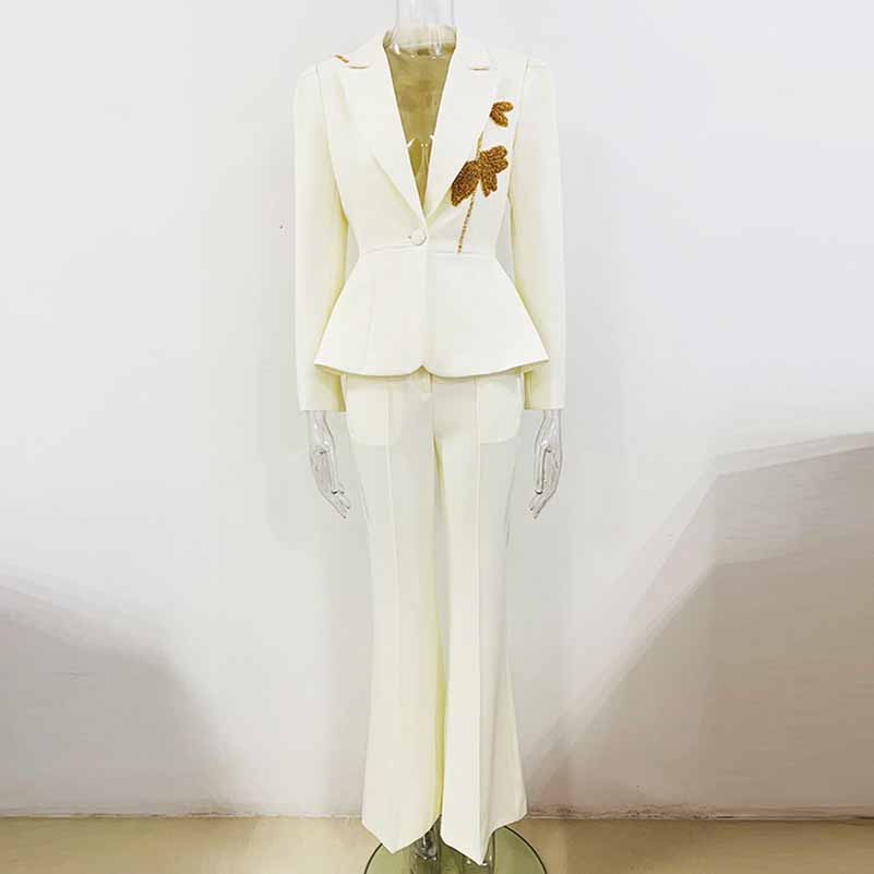 Women's Pantsuit Nail Beaded One Button Formal Suit Flare Pants Set Two Pieces Wedding Suit