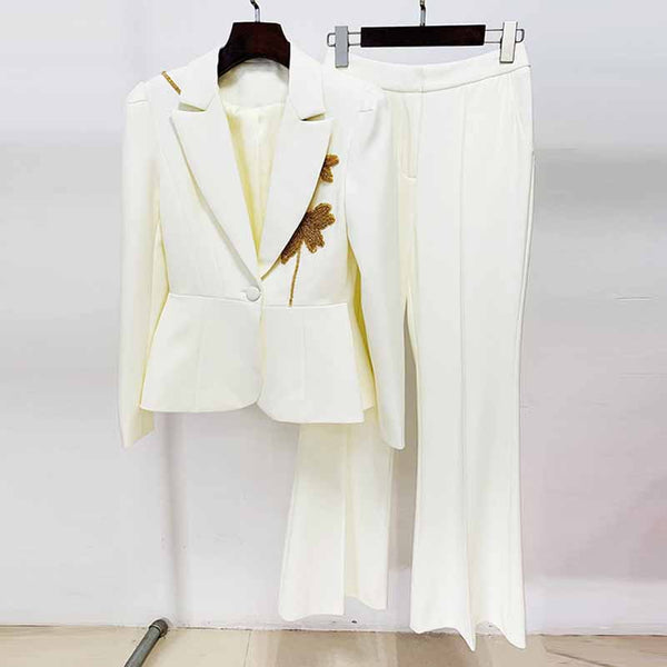 Premium Fashion Tailored Collar Long Sleeve Feather Decor White Pant Suit Set