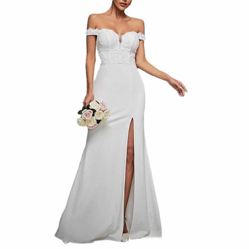 Off Shoulder High Slit Wedding Dress – Elegant Simple Bridal Gown for Modern Brides