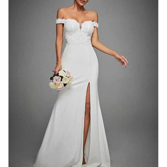 Off Shoulder High Slit Wedding Dress – Elegant Simple Bridal Gown for Modern Brides