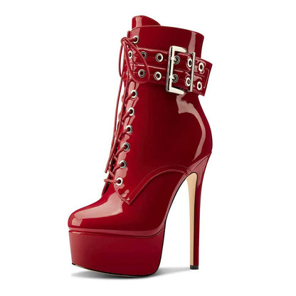 Women Red Round Toe Lace Up Ankle Boots Platform Pumps Party Boots